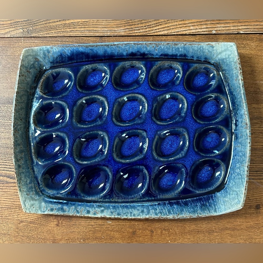 Handmade Pottery Cobalt Blue Egg Plate Rectangular Signed Jeffcoat Farmhouse HTF